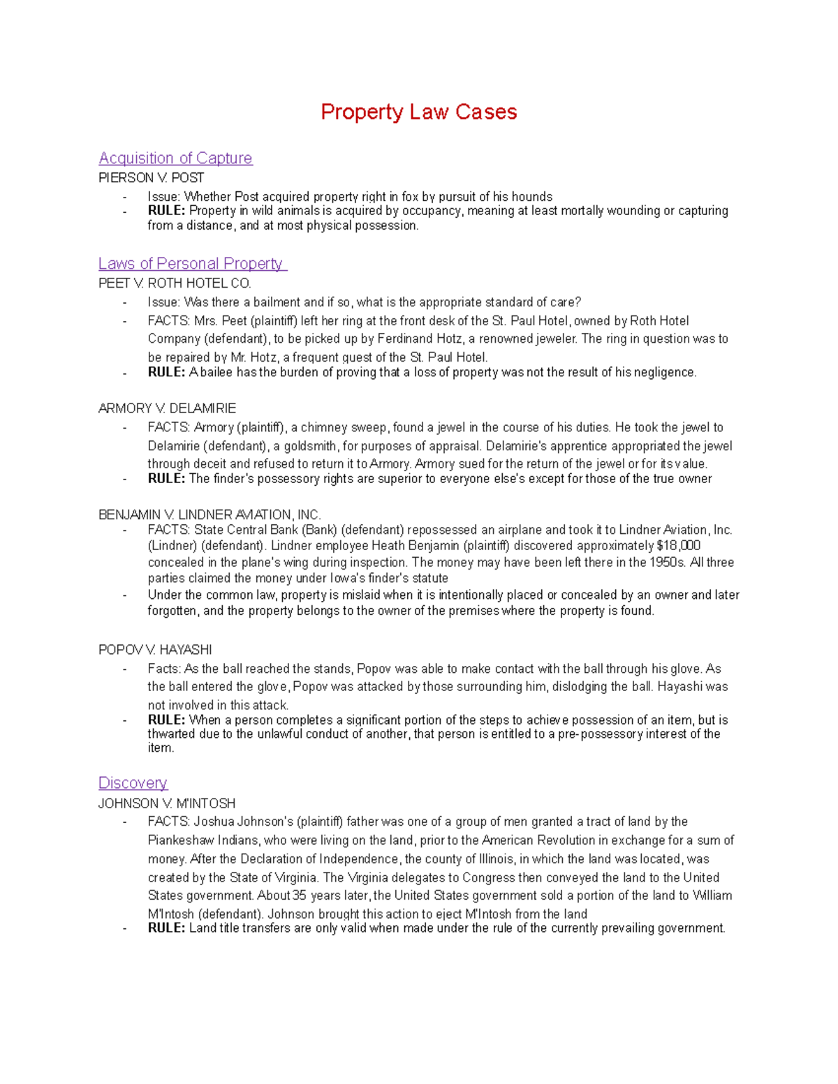 Property Law Casebook Cases Facts and Rules of Law Property Law