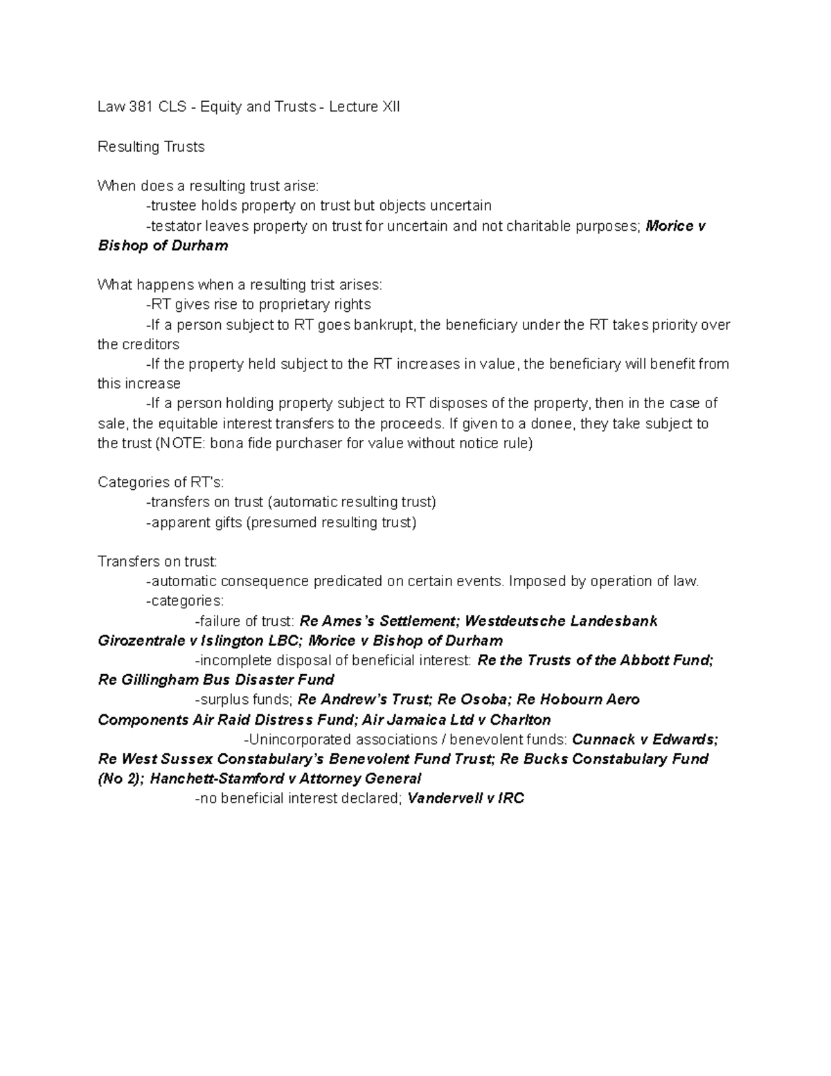 Lecture 12 - Resulting Trusts - Law 381 CLS - Equity and Trusts ...