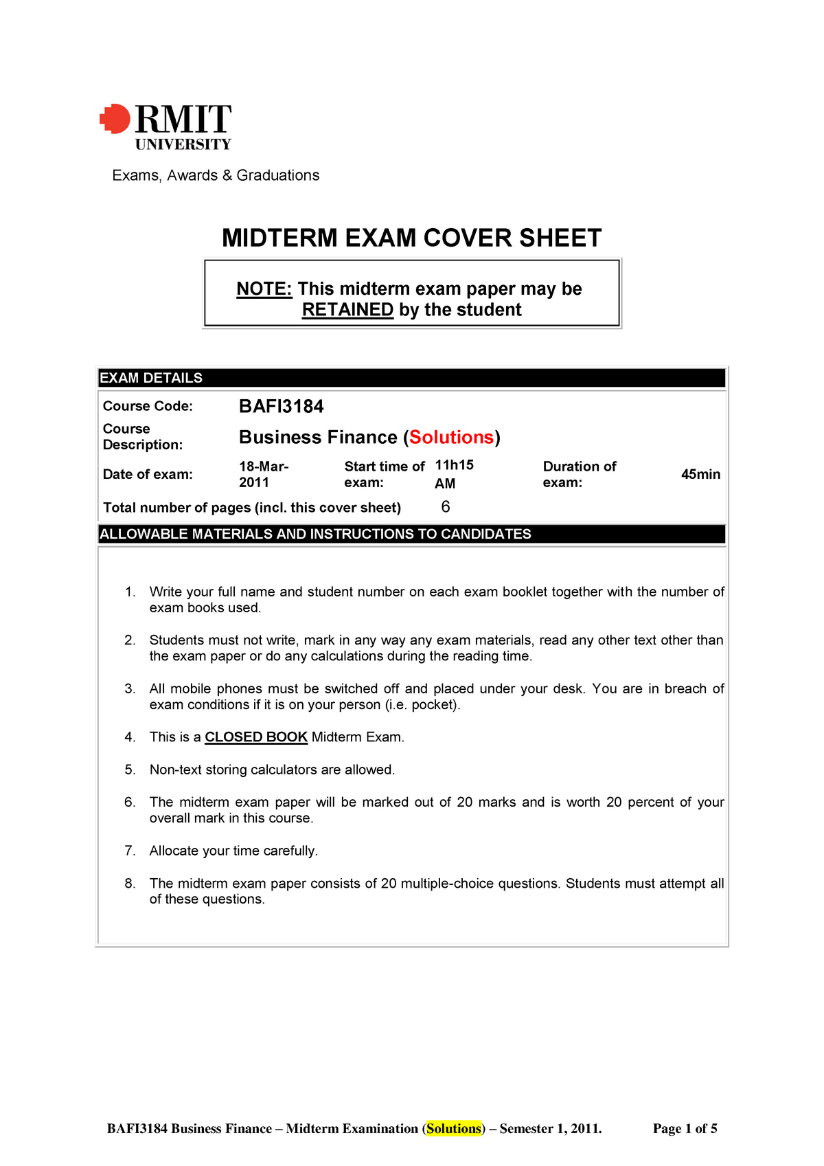 Exam 2011, Questions And Answers - Midterm A,b,c - Exams, Awards ...