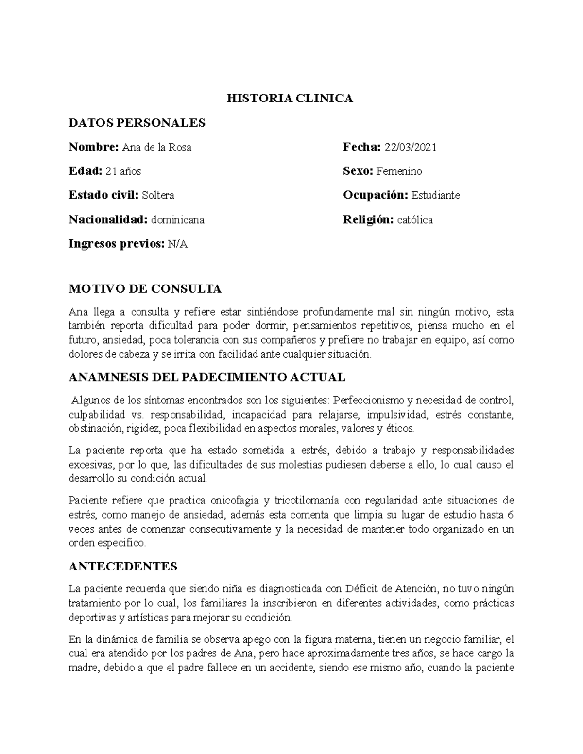 Historia clinica de trastorno obsesivo compulsivo