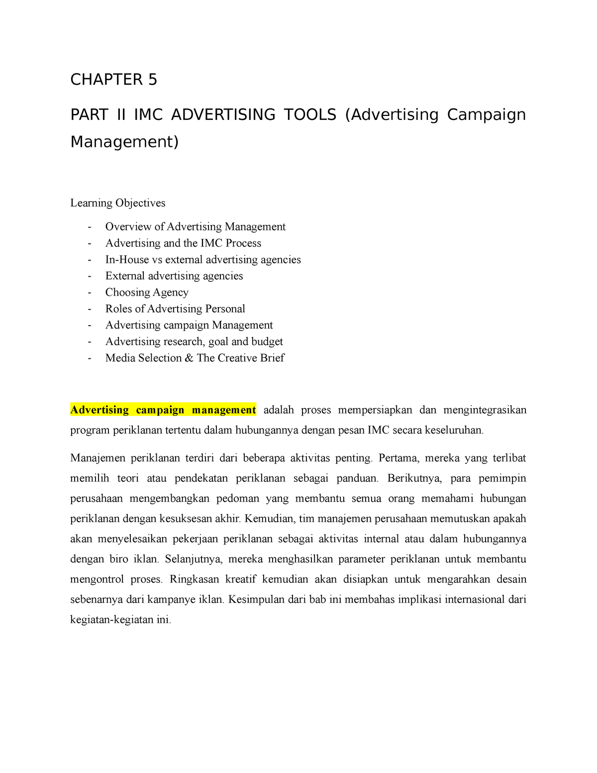 Resume Chapter 5 Its About Marketing Communication Chapter 5 Part Ii Imc Advertising Tools Studocu