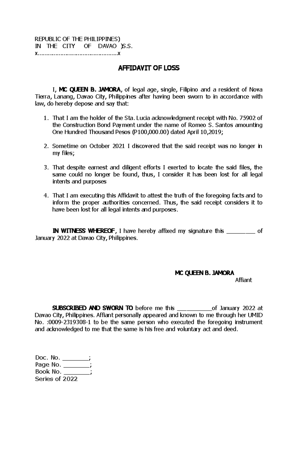 Affidavit OF LOSS- Sta Lucia Receipt 011422 - REPUBLIC OF THE ...