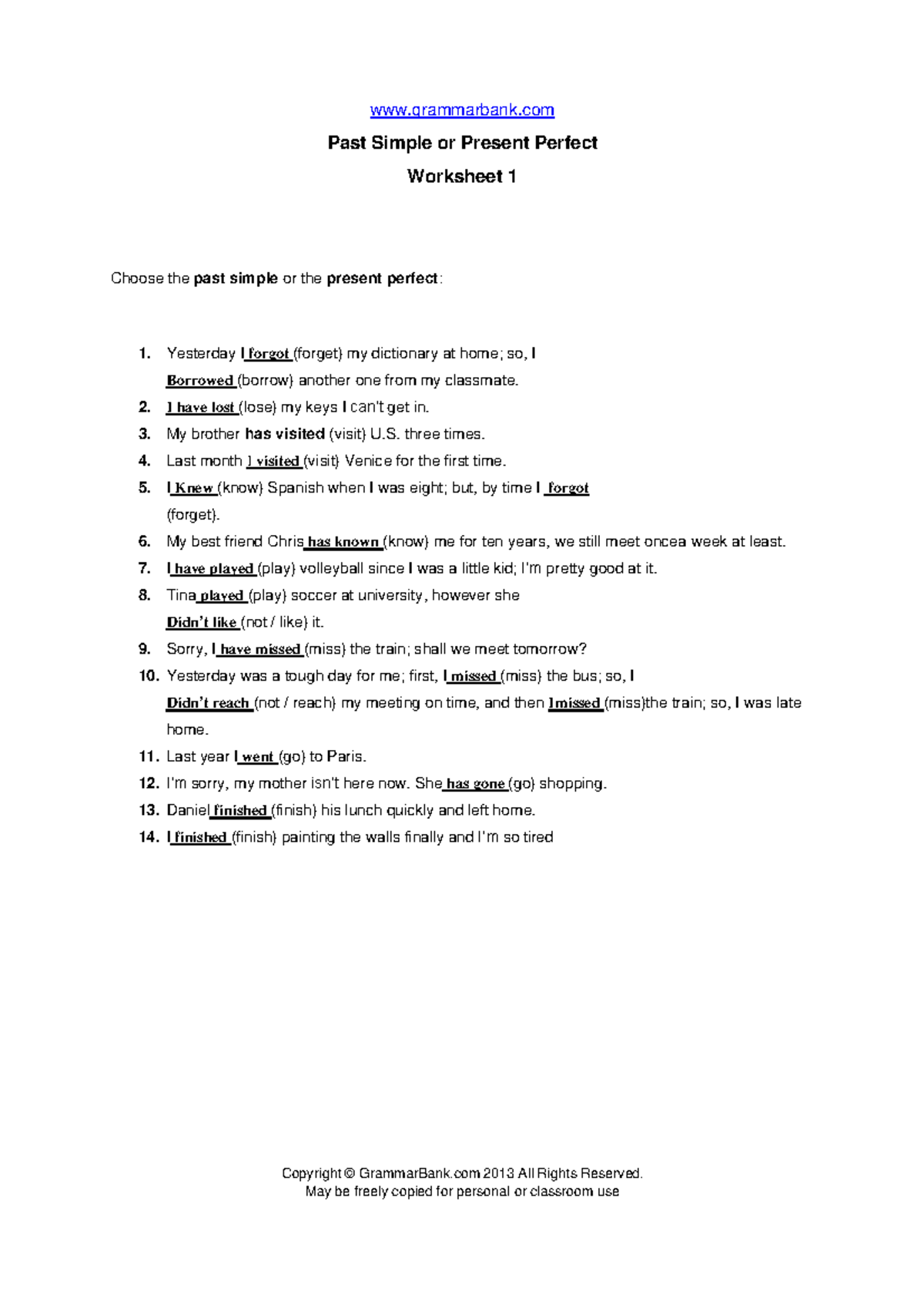 Past simple vs present perfect worksheet 1 - Copyright © GrammarBank ...
