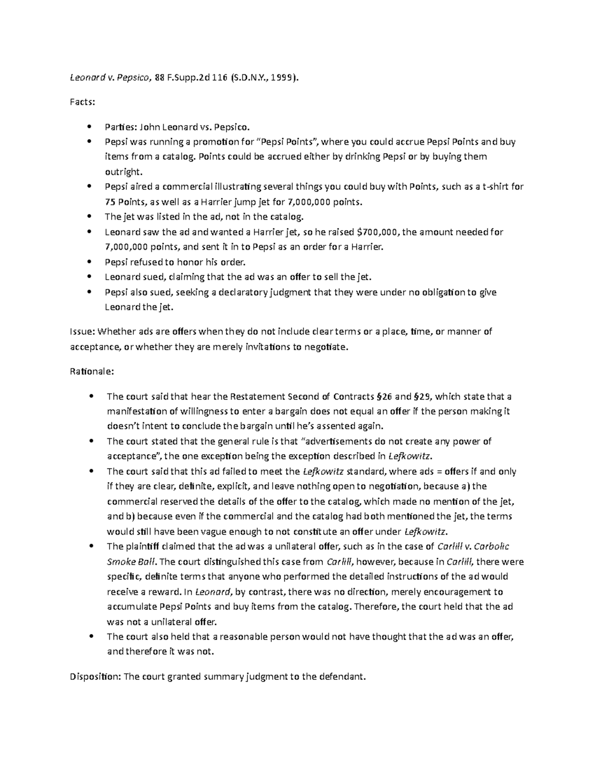 BriefLeonard v. Pepsico Contracts Leonard v. Pepsico, 88 F.Supp