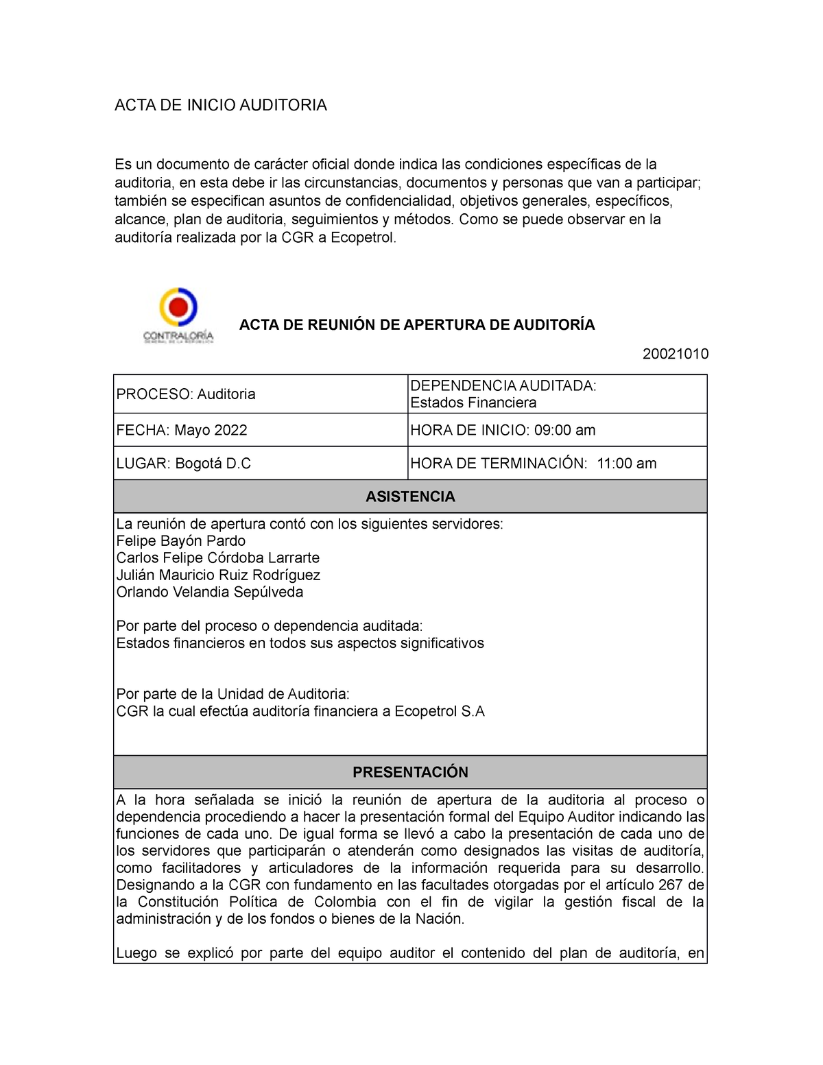 Acta De Inicio Auditoria Acta De Inicio Auditoria Es Un Documento De