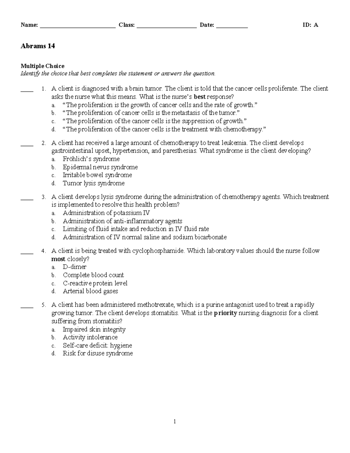 Abrams Chapter 14 - Pharmacology Practice Questions - Name ...