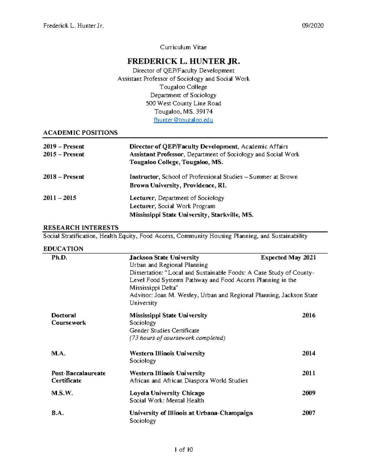 Hunter, Frederick CV 092020 - Curriculum Vitae FREDERICK L. HUNTER JR ...