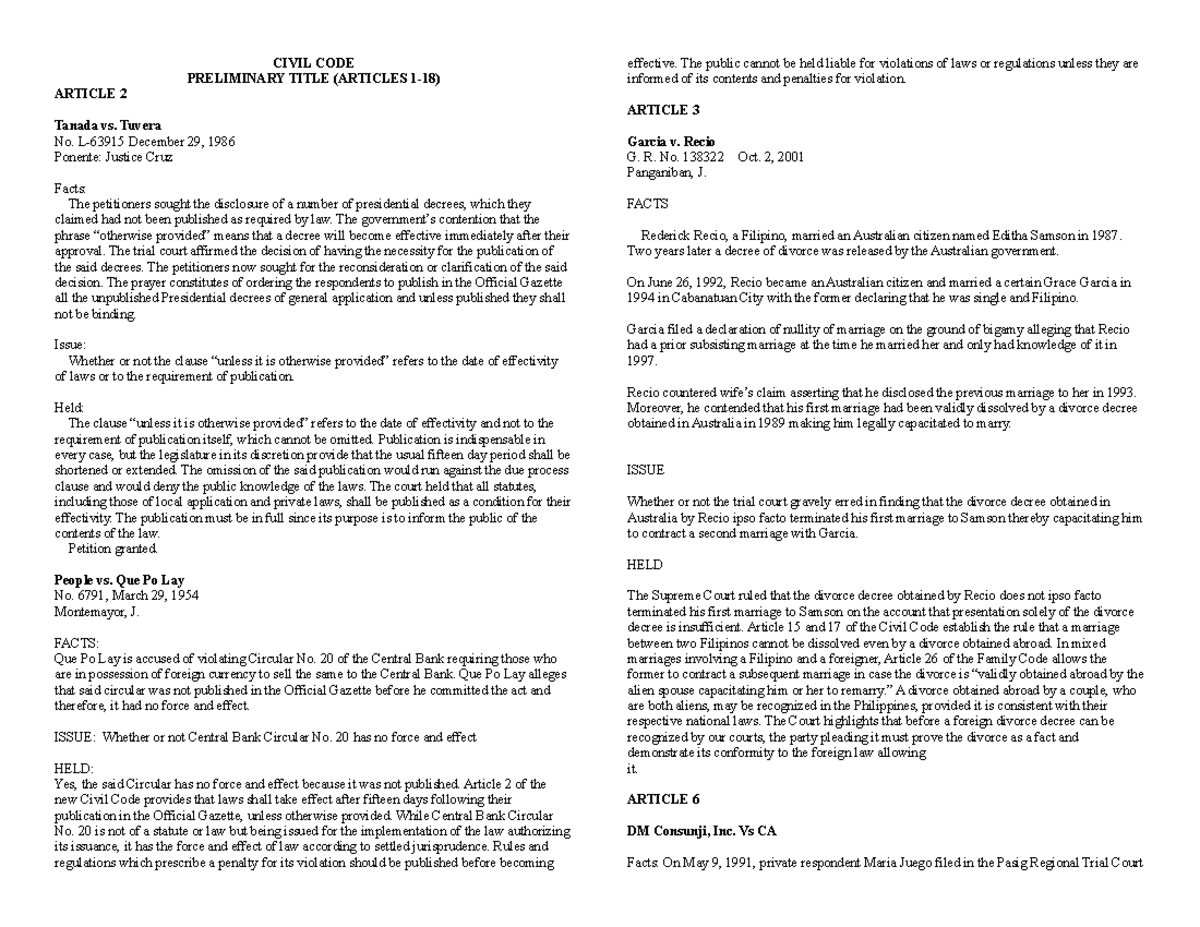 Persons Case Digests Midterms - CIVIL CODE PRELIMINARY TITLE (ARTICLES ...