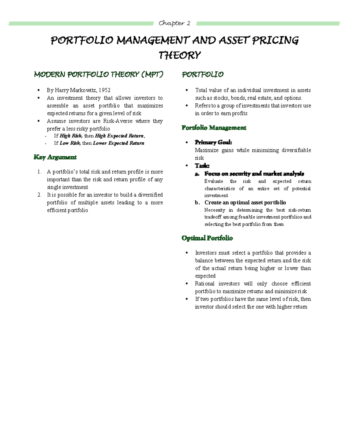 Chapter 2 - Chapter 2 PORTFOLIO MANAGEMENT AND ASSET PRICING THEORY ...