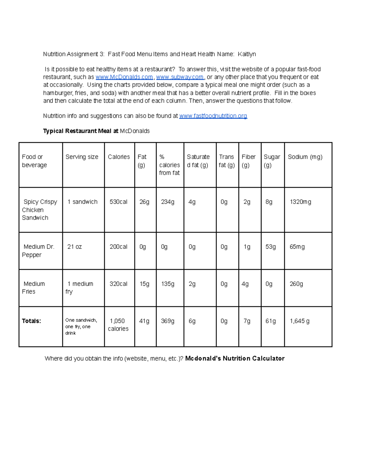 Nutrition Assignment 3 - Using the charts provided below, compare a ...