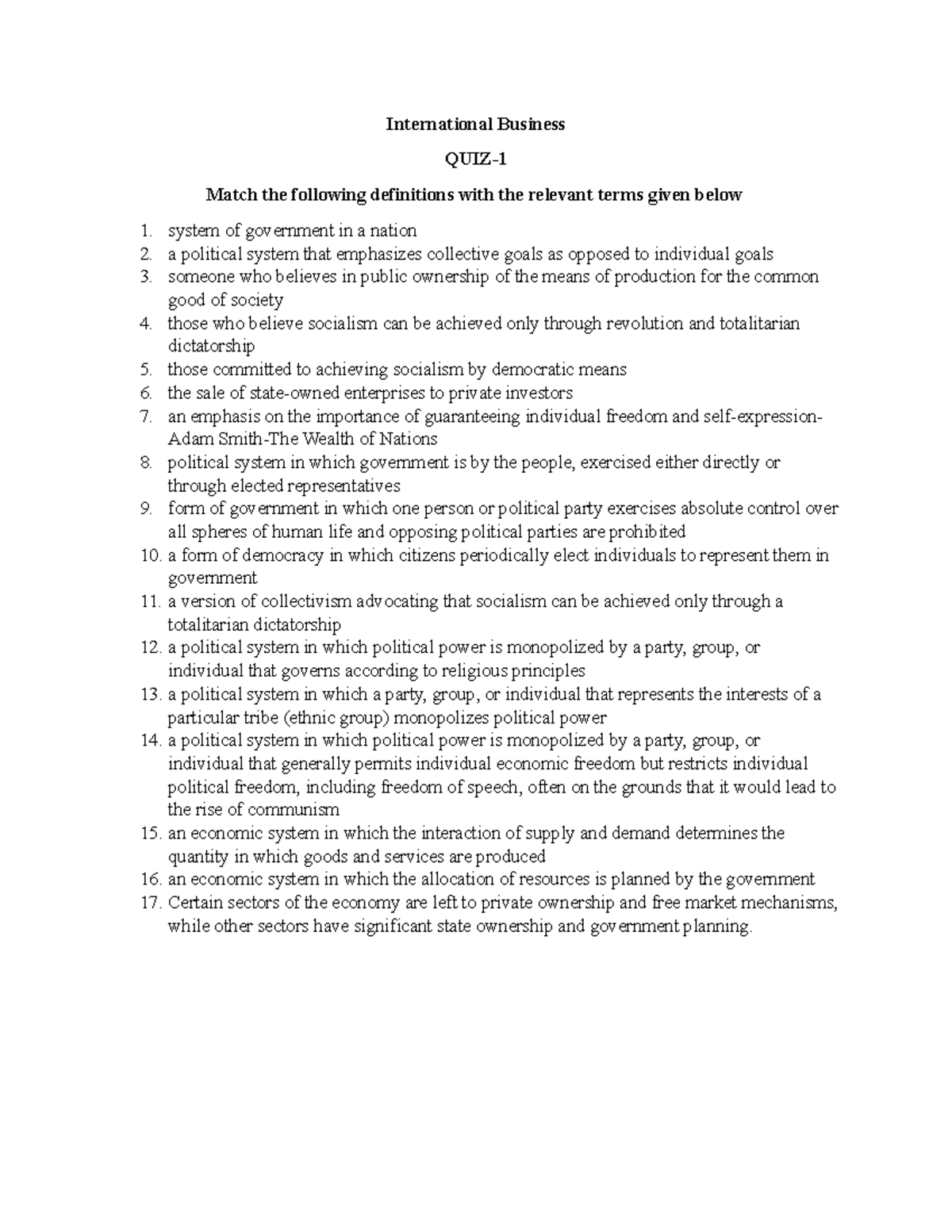 Quiz 1 International Business - International Business QUIZ- Match the ...