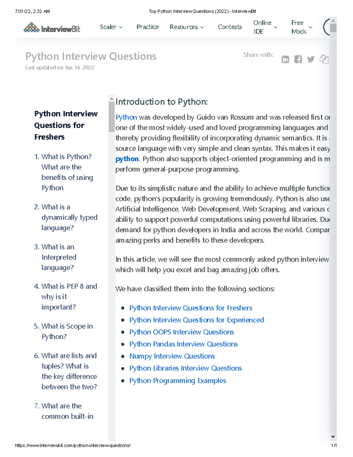 Top Python Interview Questions (2022) - Interview Bit - 7/31/22, 2:32 ...