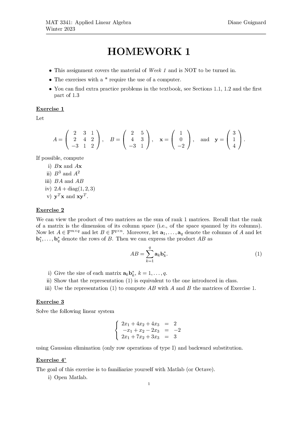 HW1 - Homework Of MAT3341 - MAT 3341: Applied Linear Algebra Winter ...