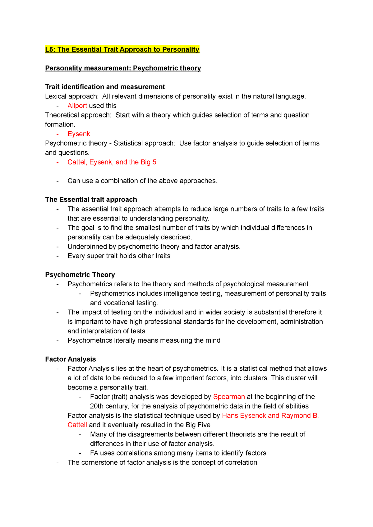 L5 The essential approach to personality - L5: The Essential Trait ...