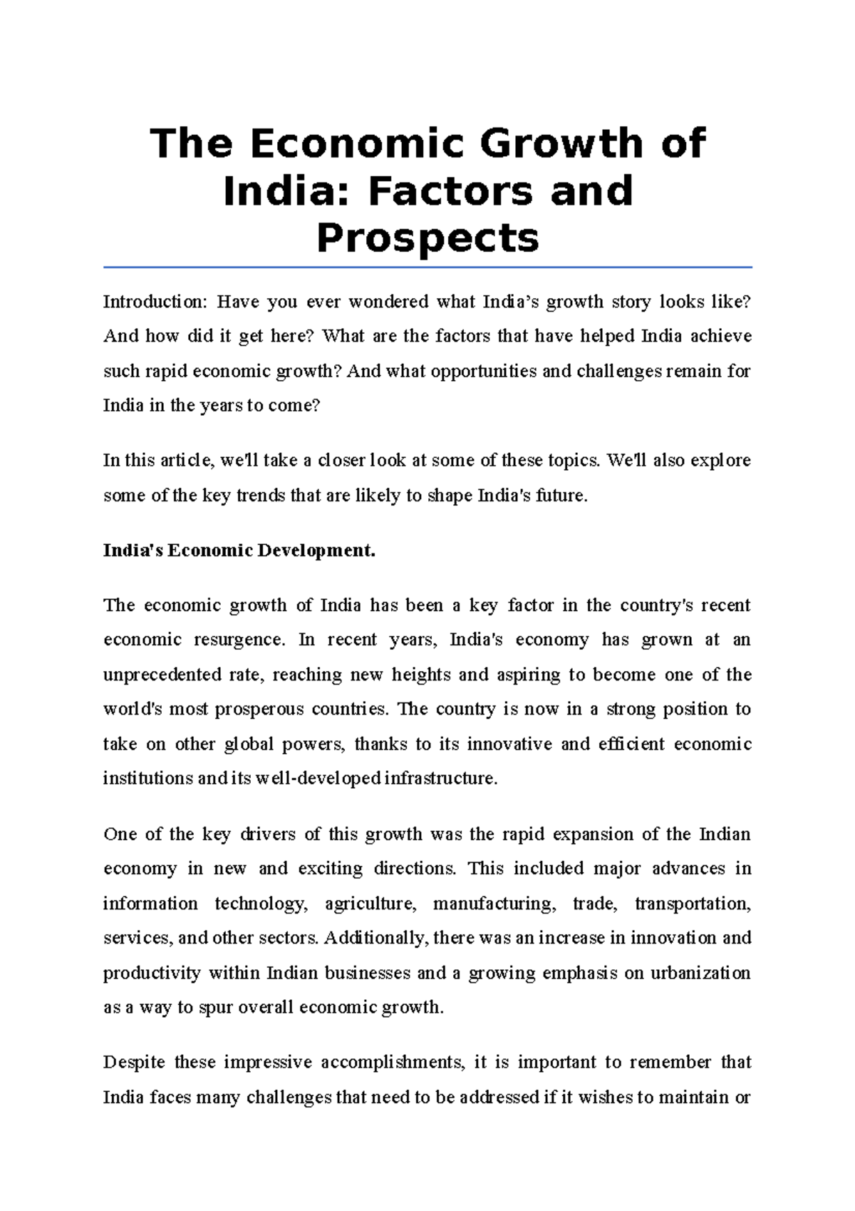 The Economic Growth of India, Factors and Prospects - The Economic ...