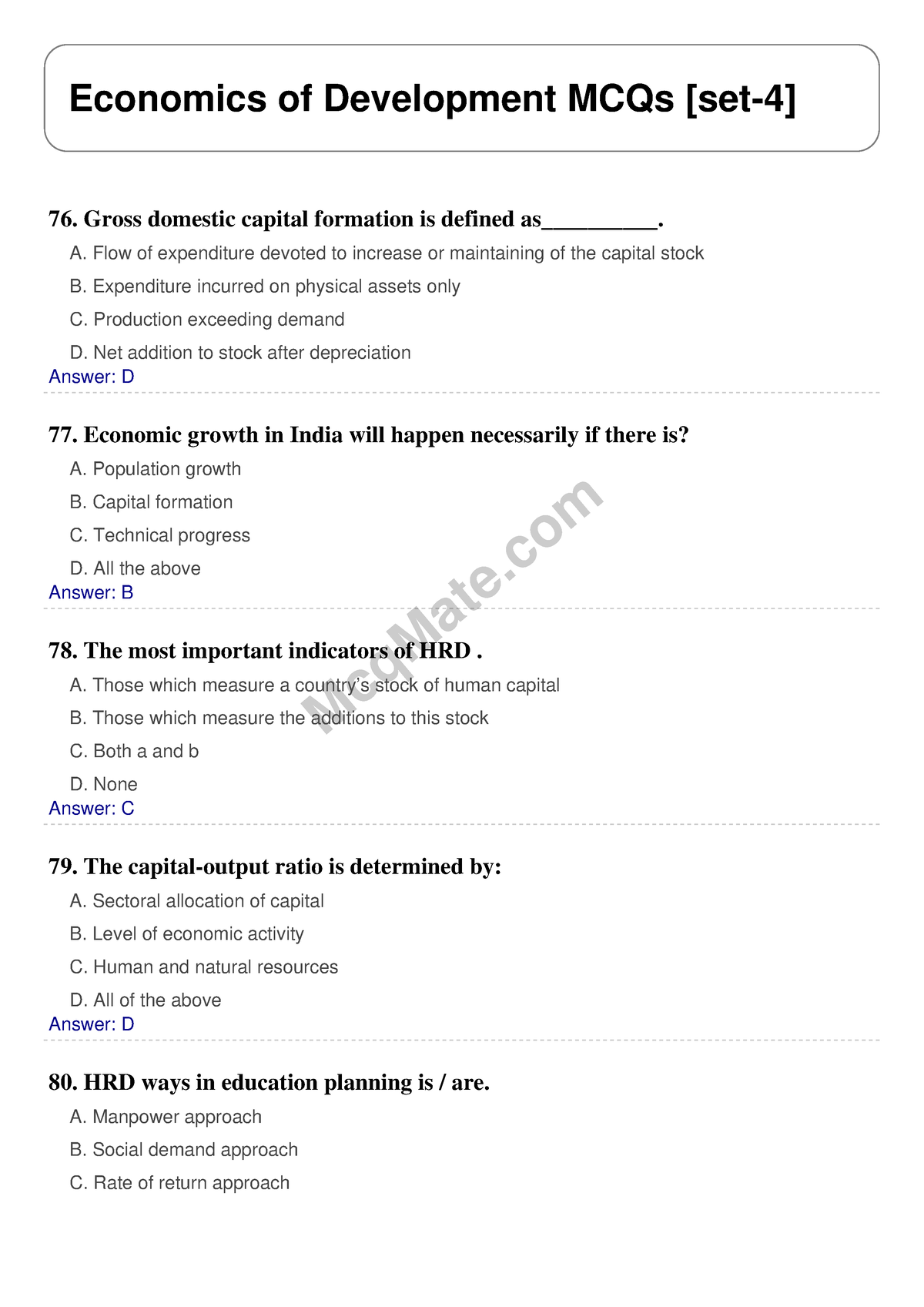 Economics Of Development Solved MCQs [set-4] Mcq Mate.com - McqMate ...