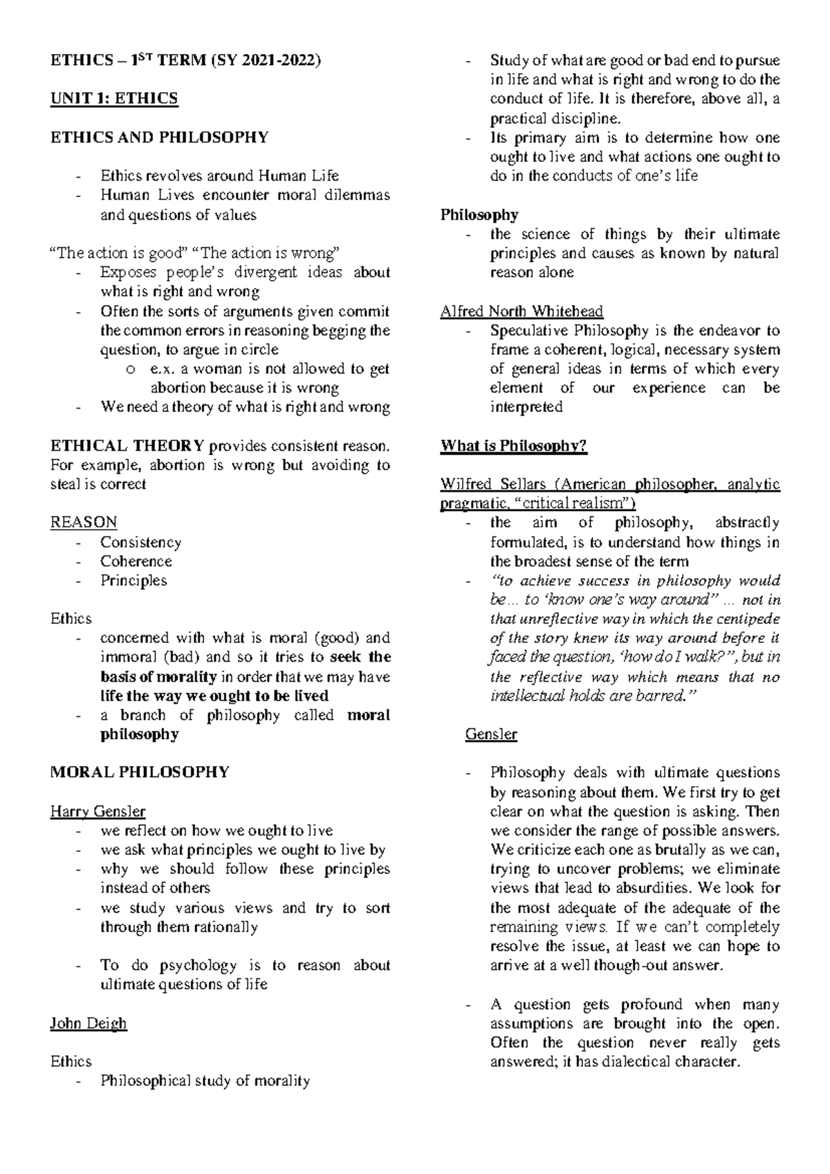 Ethics Prelims Reviewer - ETHICS – 1 ST TERM (SY 2021-2022) UNIT 1 ...