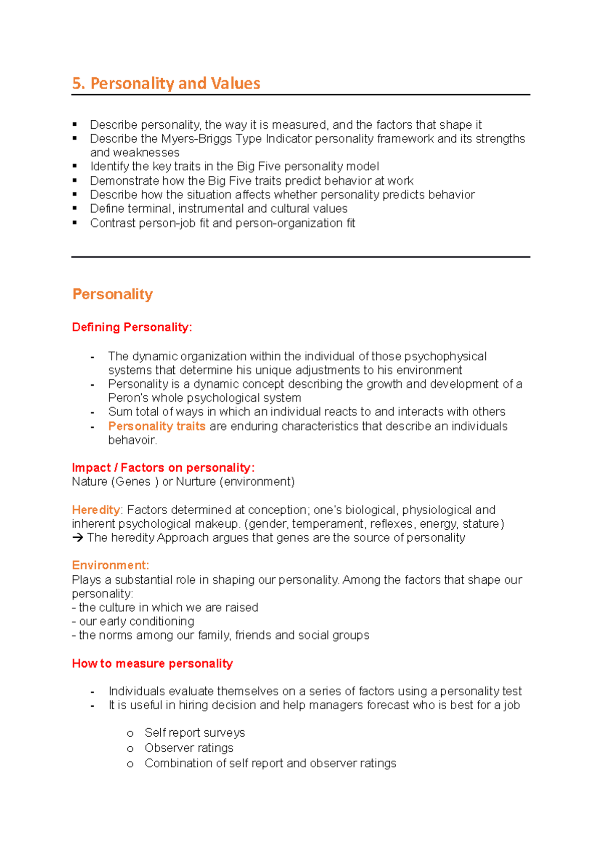 Chapter 5 - book summary - 5. Personality and Values Describe ...