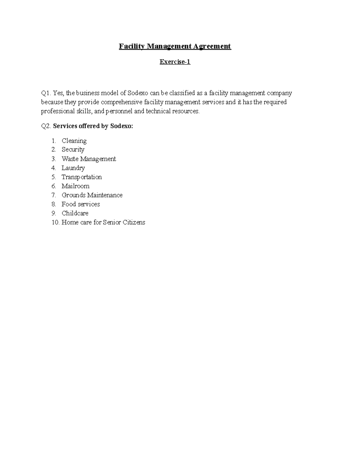 Facility Management Agreement Facility Management Agreement Exercise