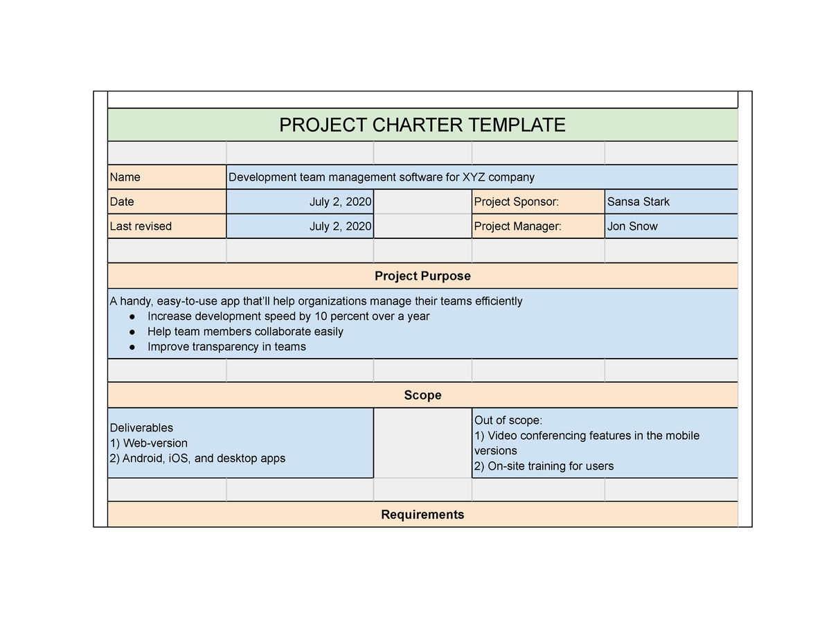 Project Charter Example Template - PROJECT CHARTER TEMPLATE Name  Development team management - Studocu