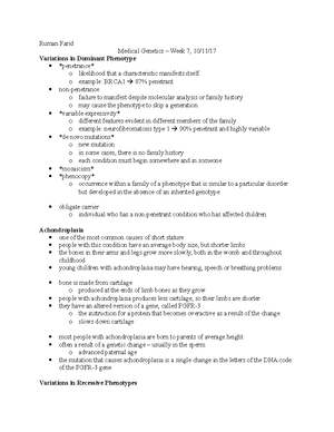 Week 3 - Lecture notes 3 - Ruman Farid Medical Genetics – Week 3, 9/13 ...