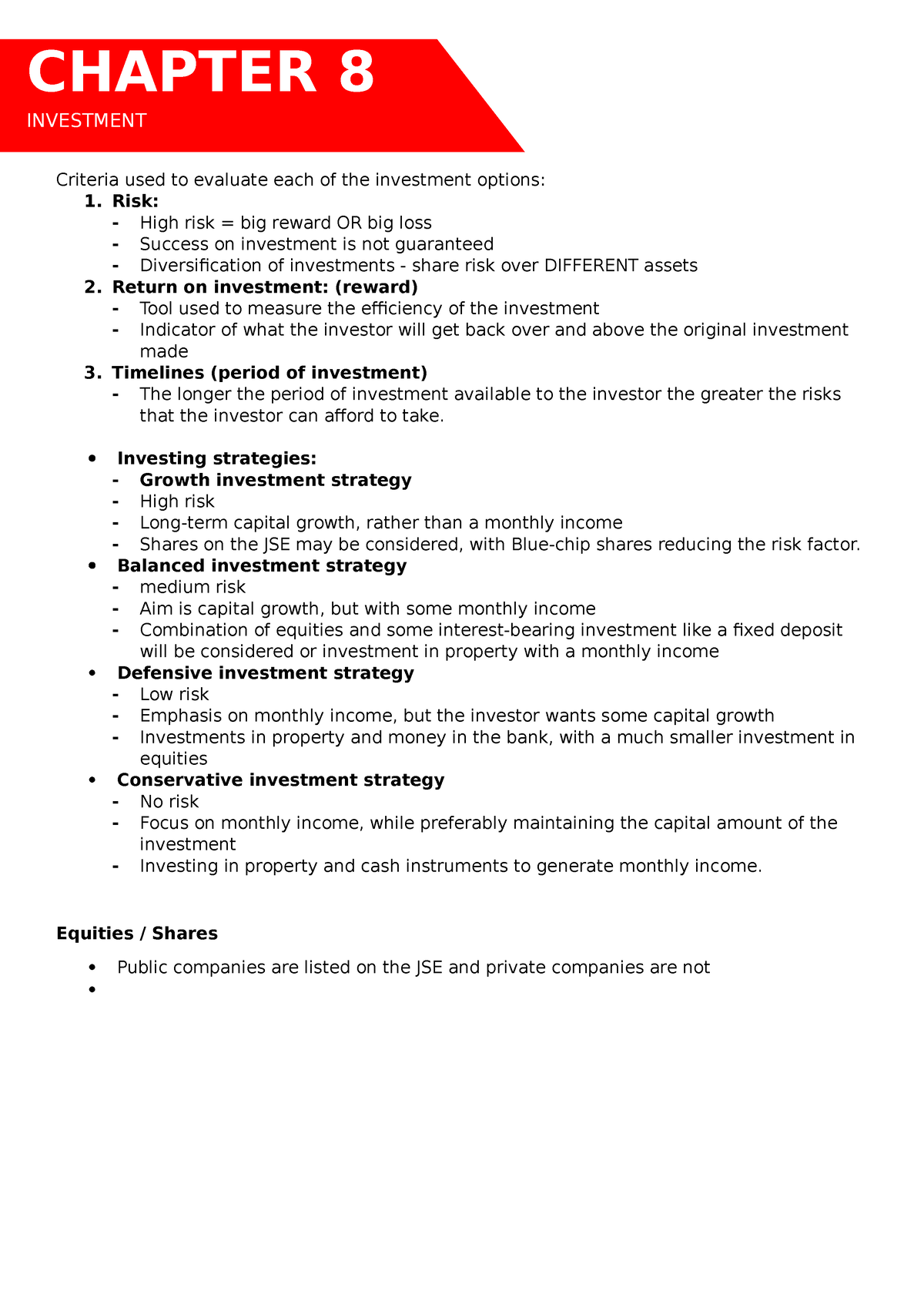 Chapter 12 - Investments - Criteria Used To Evaluate Each Of The ...