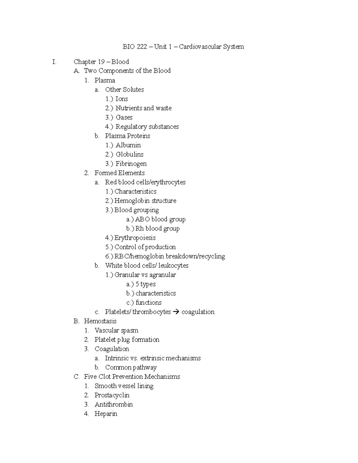 BIO 222 - Cardiovascular System Outline - BIO 222 – Unit 1 ...