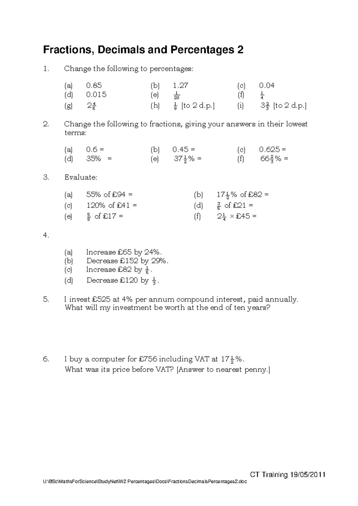 Fractions Decimals Percentages Worksheet 2 Week 2 - CT Training 19/05 ...
