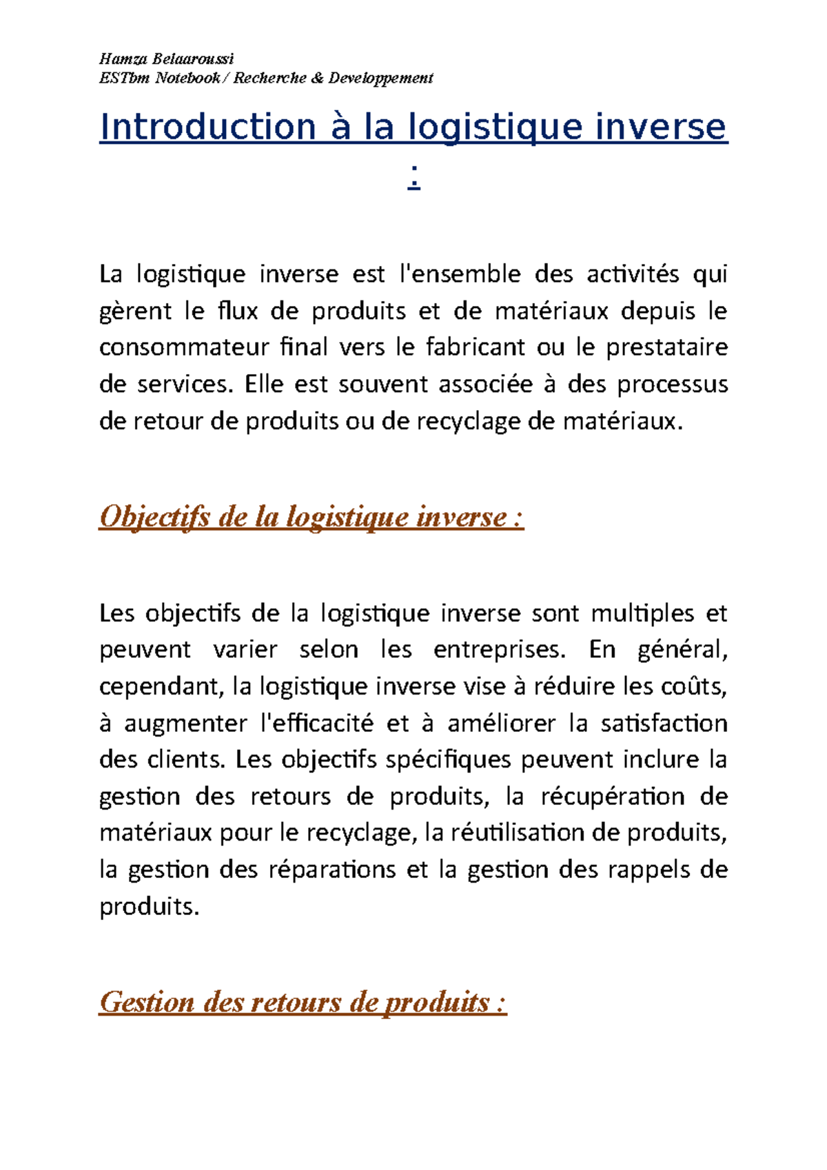 Introduction à la logistique inverse ESTbm Notebook / Recherche