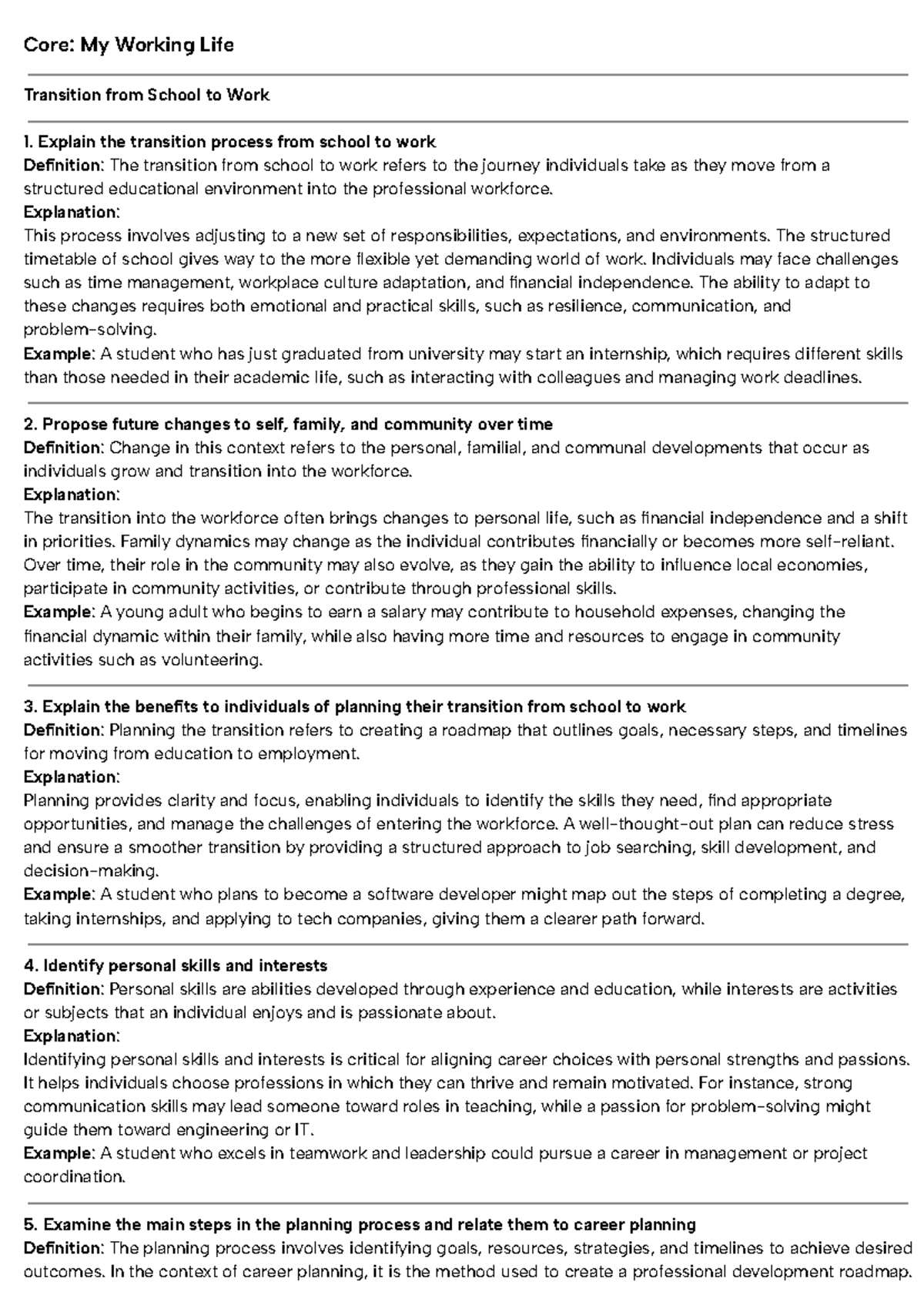 WORK Studies Notes - Core: My Working Life Transition from School to ...