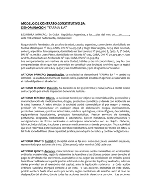 Sociedades Modelo DE Contrato DE UNA Sociedad Anónima - MODELO DE CONTRATO  CONSTITUTIVO SA - Studocu