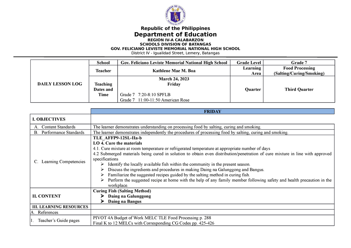 Grade 7 Dll Food -wk6-day-4 - Copy - Republic Of The Philippines 