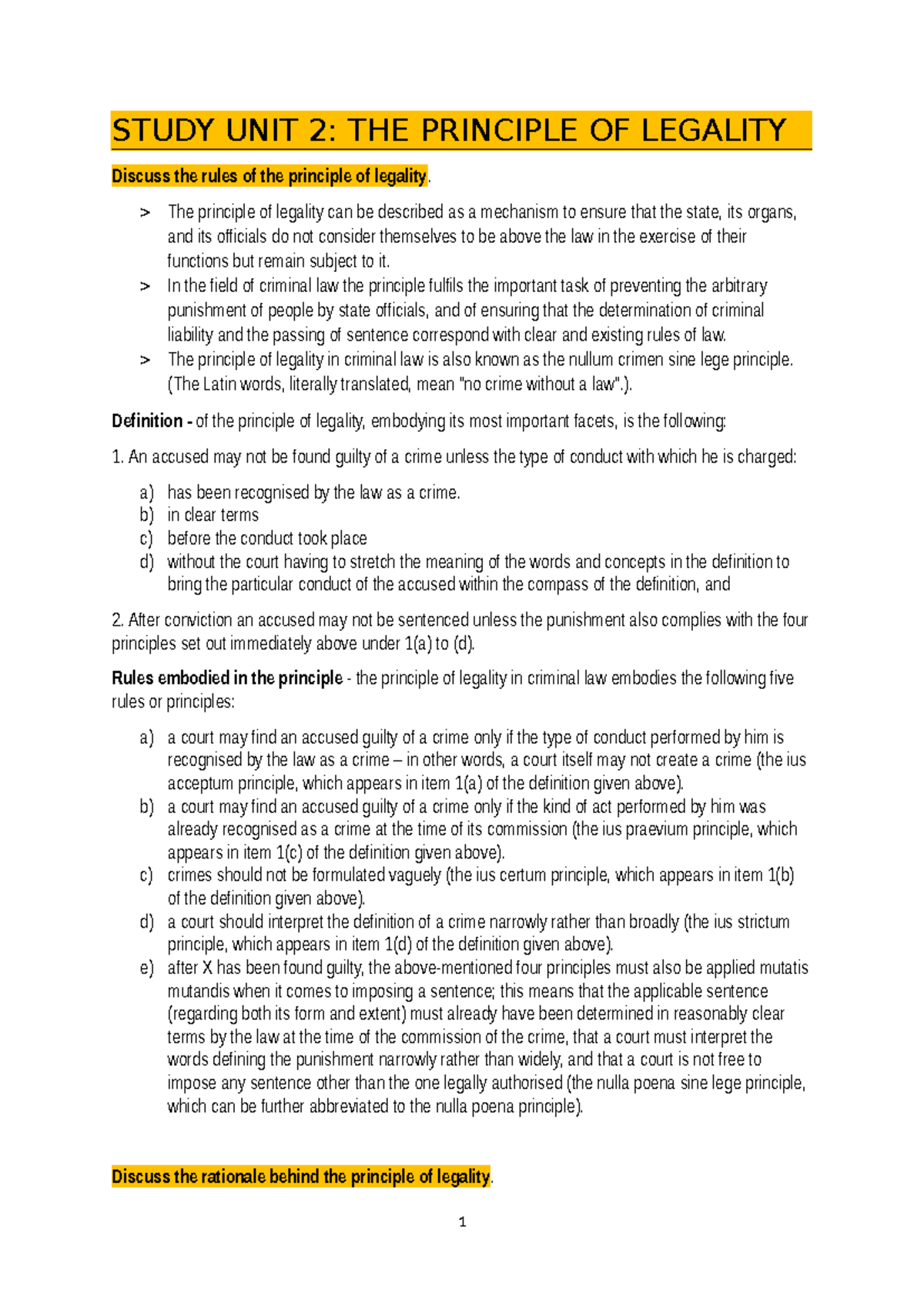 Study UNIT 2 - STUDY UNIT 2: THE PRINCIPLE OF LEGALITY Discuss the ...