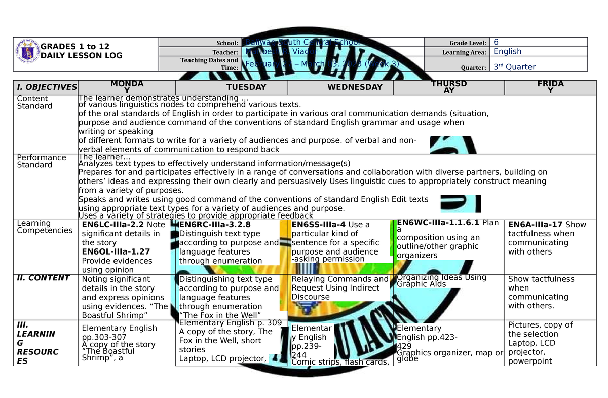 DLL English 6 Q3 W2 - GRADES 1 To 12 DAILY LESSON LOG School: Baliwag ...