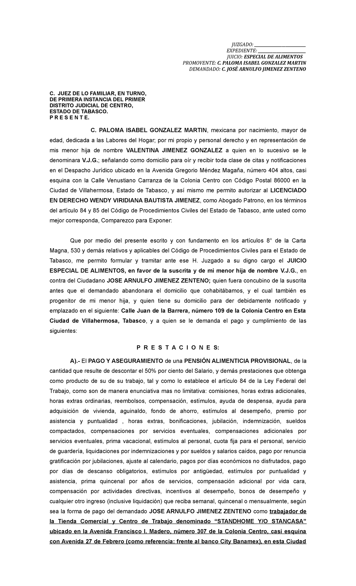 Juicio Especial DE Alimentos- Paloma Isabel Gonzalez Martin - JUZGADO