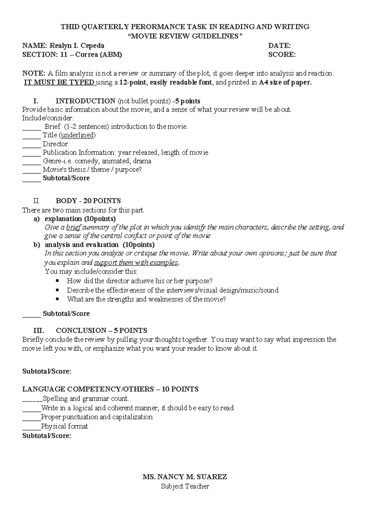 Movie Review Guidelines THID QUARTERLY PERORMANCE TASK IN READING AND WRITING “MOVIE REVIEW