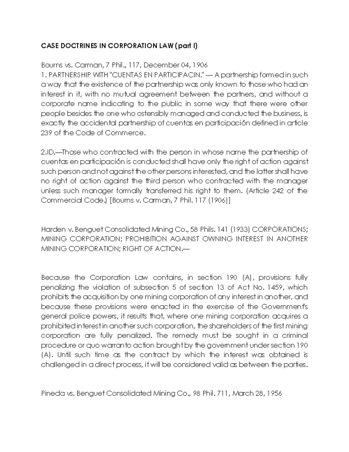 PART 1 CASE Doctrines IN Corporation LAW Partnership And Corporation