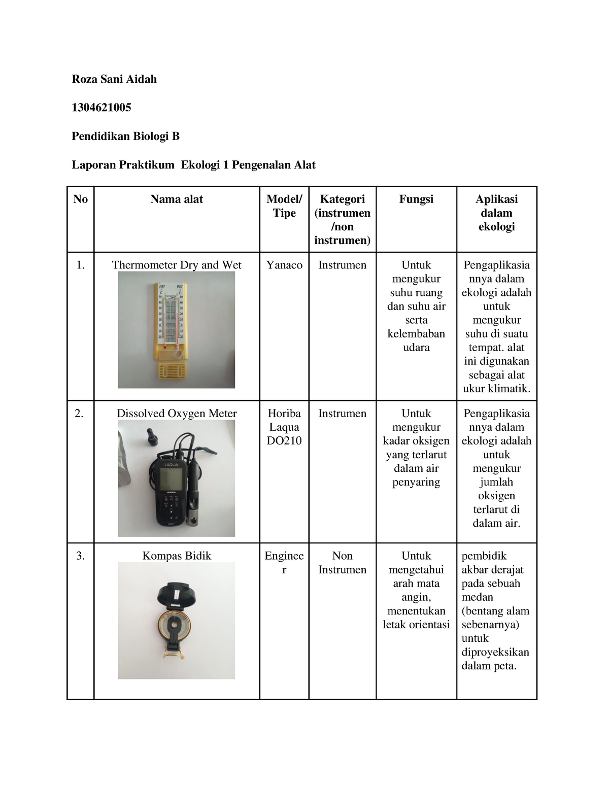 Laporan praktikum ekologi pengenalan alat - Roza Sani Aidah 1304621005
