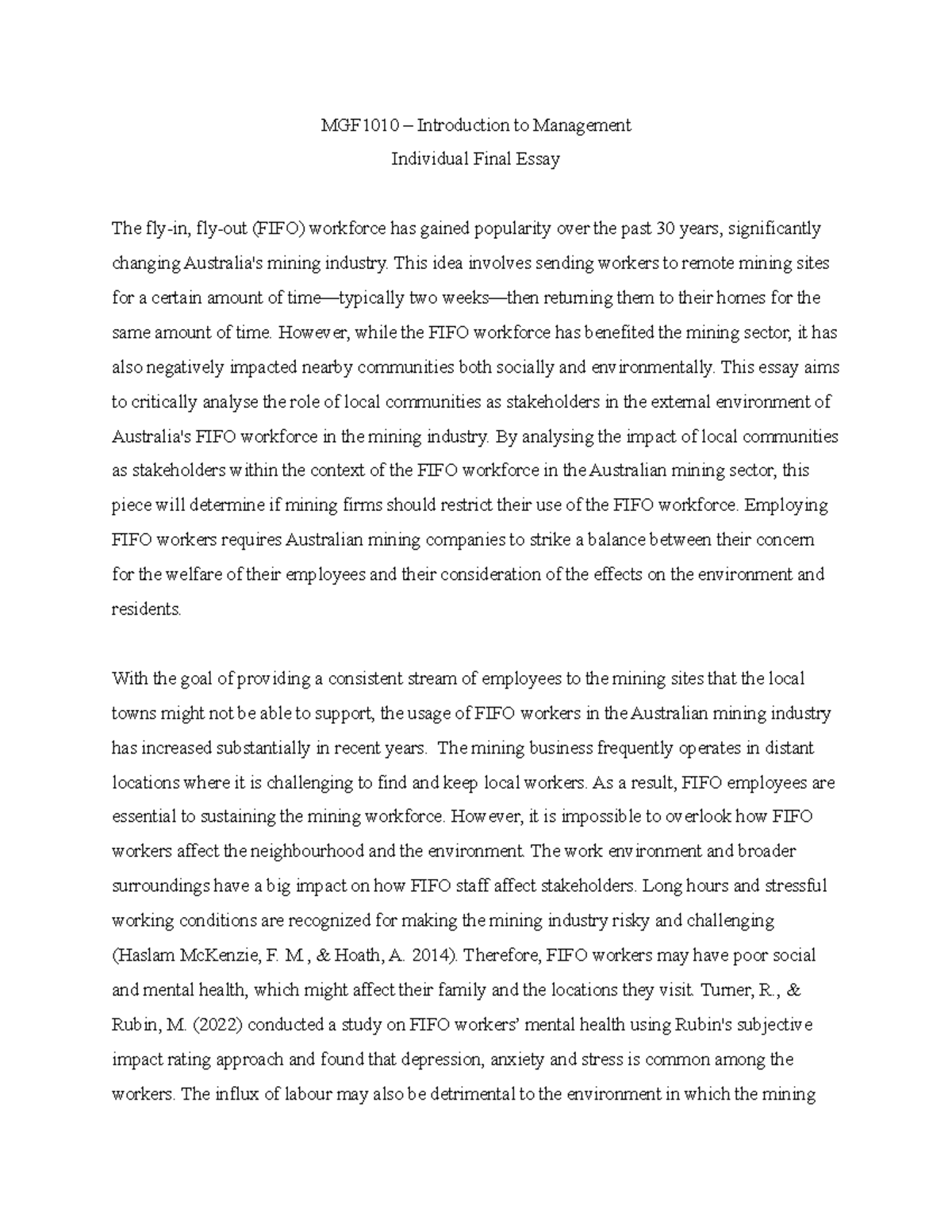 MGF1010 – Individual Final Essay - MGF1010 – Introduction to Management ...