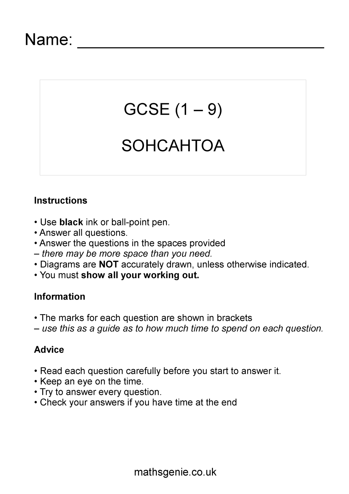 5- Sohcahtoa - gcse practice qs - GCSE (1 – 9) SOHCAHTOA Name