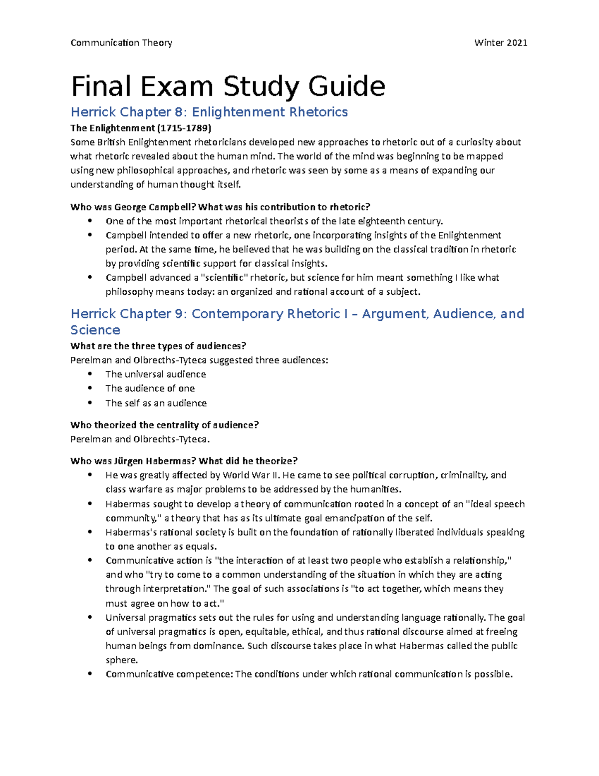 Final Exam Study Guide - Final Exam Study Guide Herrick Chapter 8 ...