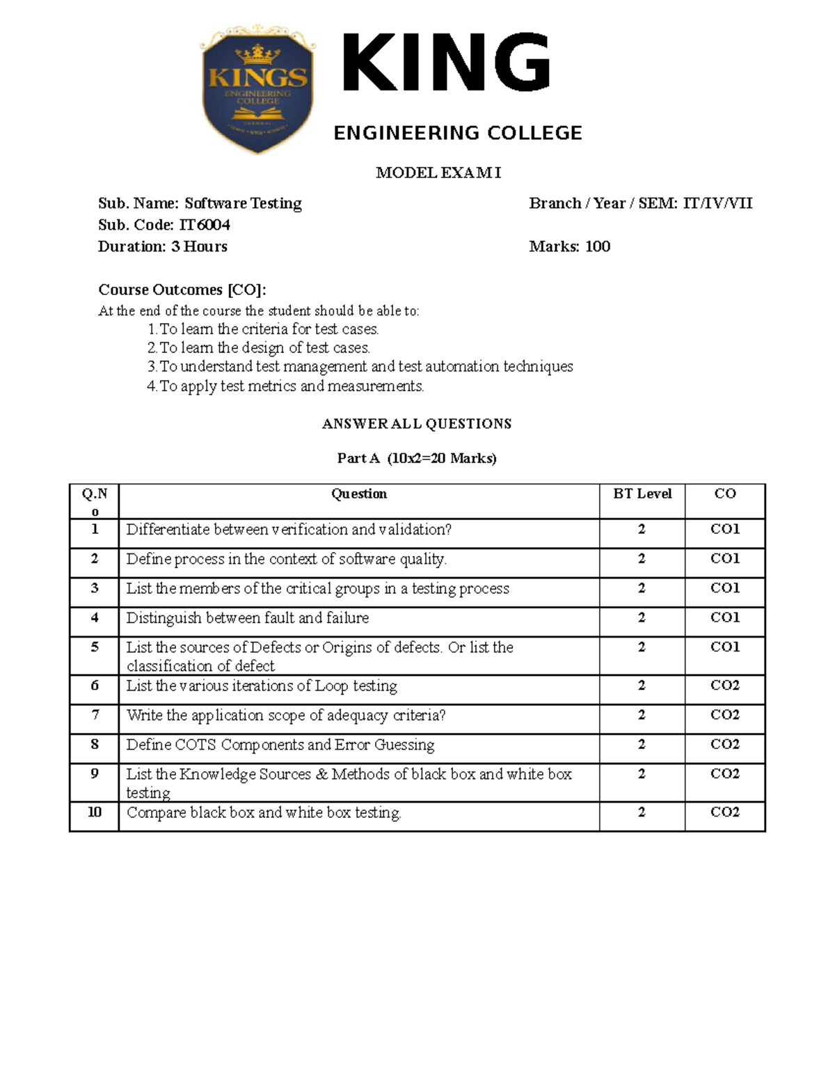Software testing 2020 - ENGINEERING COLLEGE MODEL EXAM I Sub. Name ...
