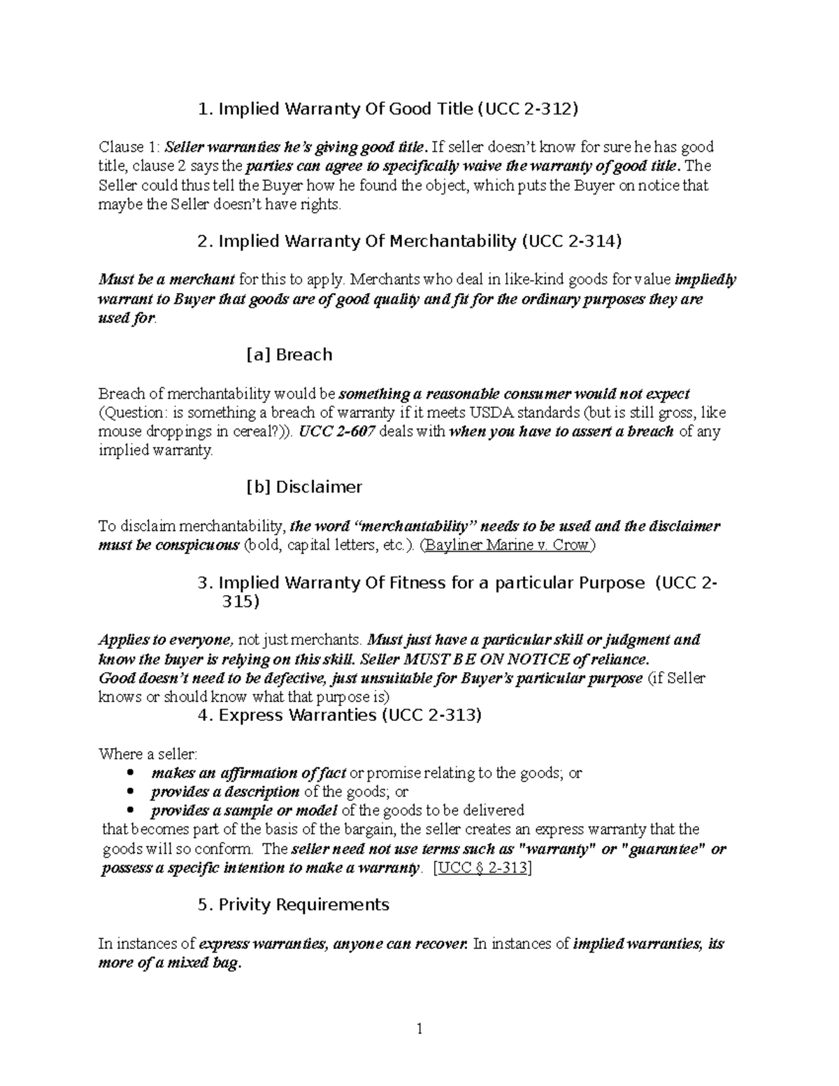 Contracts Law Outline 1 Implied Warranty Of Good Title (UCC 2312