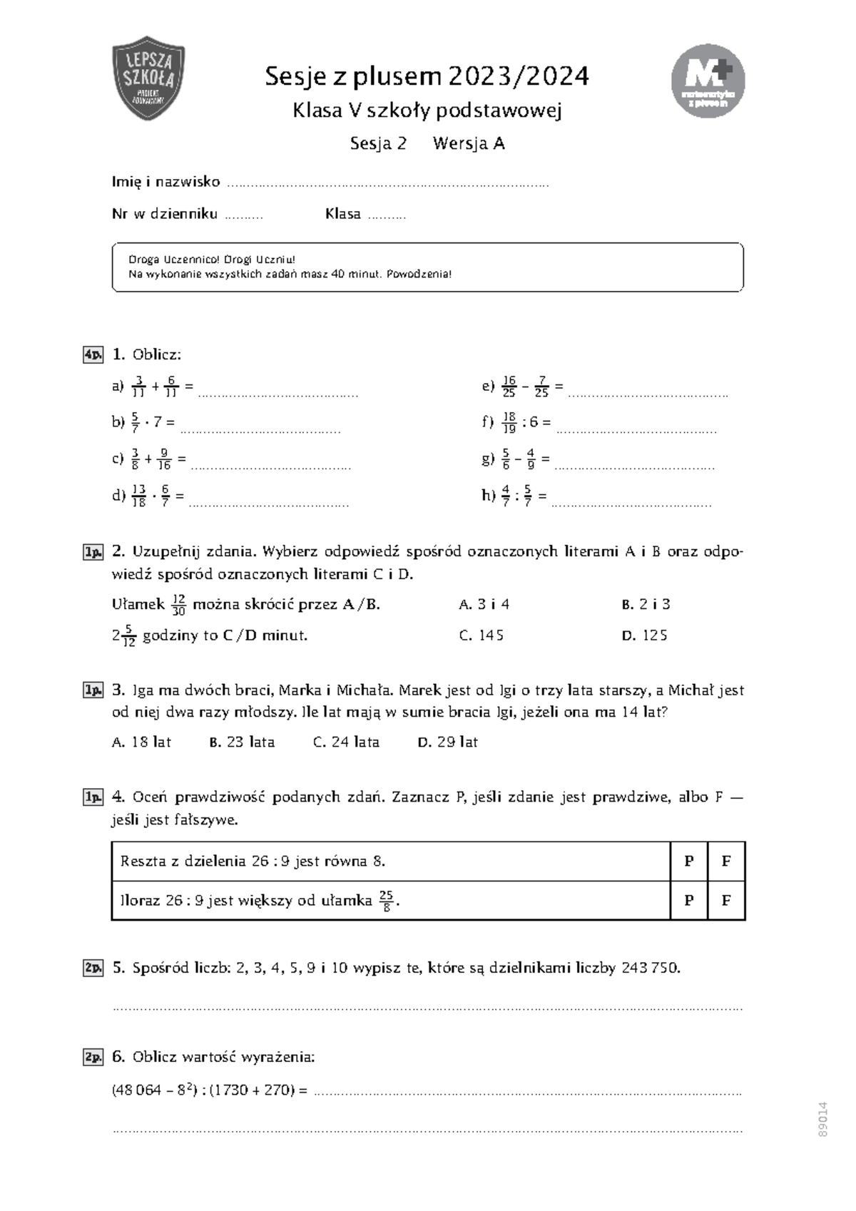 Klasowka Wersja A Kopia - Sesje Z Plusem 2023/ Klasa V Szkoły ...