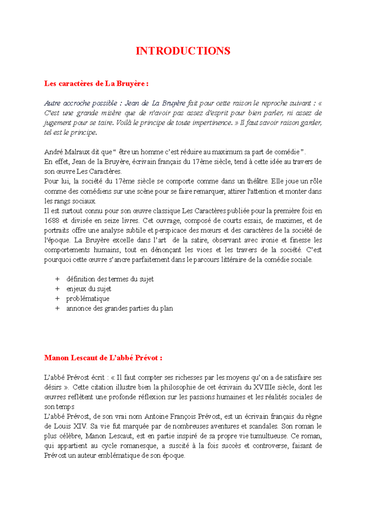 Bac de francais Introductions - INTRODUCTIONS Les caractères de La ...