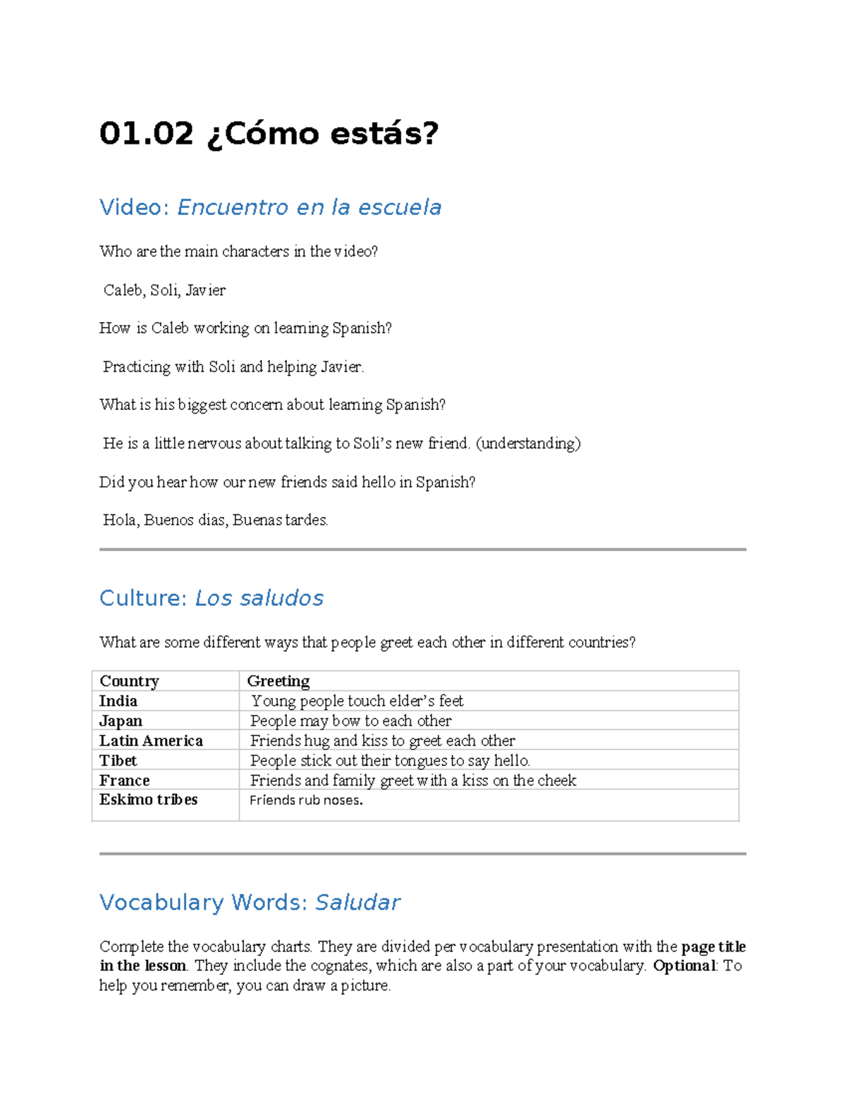 01 02 notes - flvs spanish 1.02 - 01 ¿Cómo estás? Video: Encuentro en ...