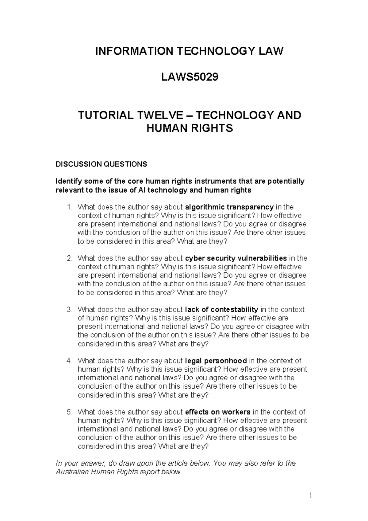 Tutorial 12 Questions - Technology AND Human Rights - LAWS5029 ...