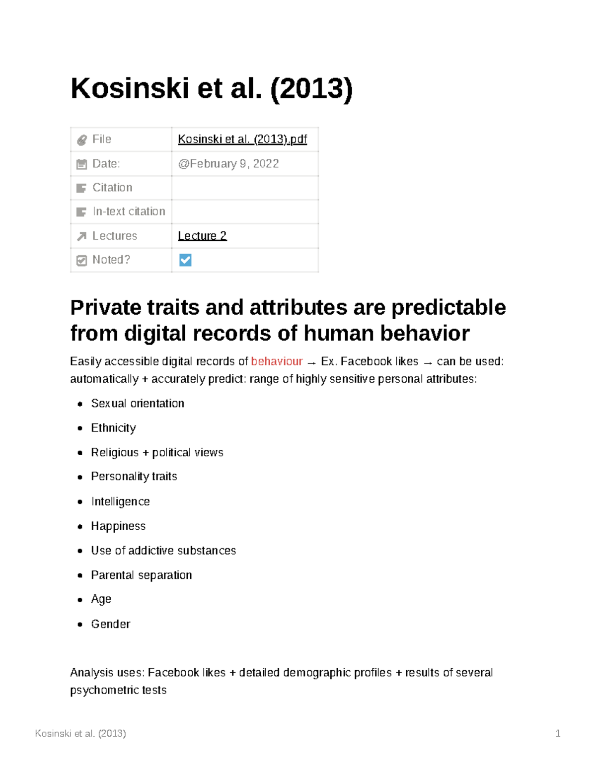 Kosinski et al Summary of reading Cyber Threats Studeersnel