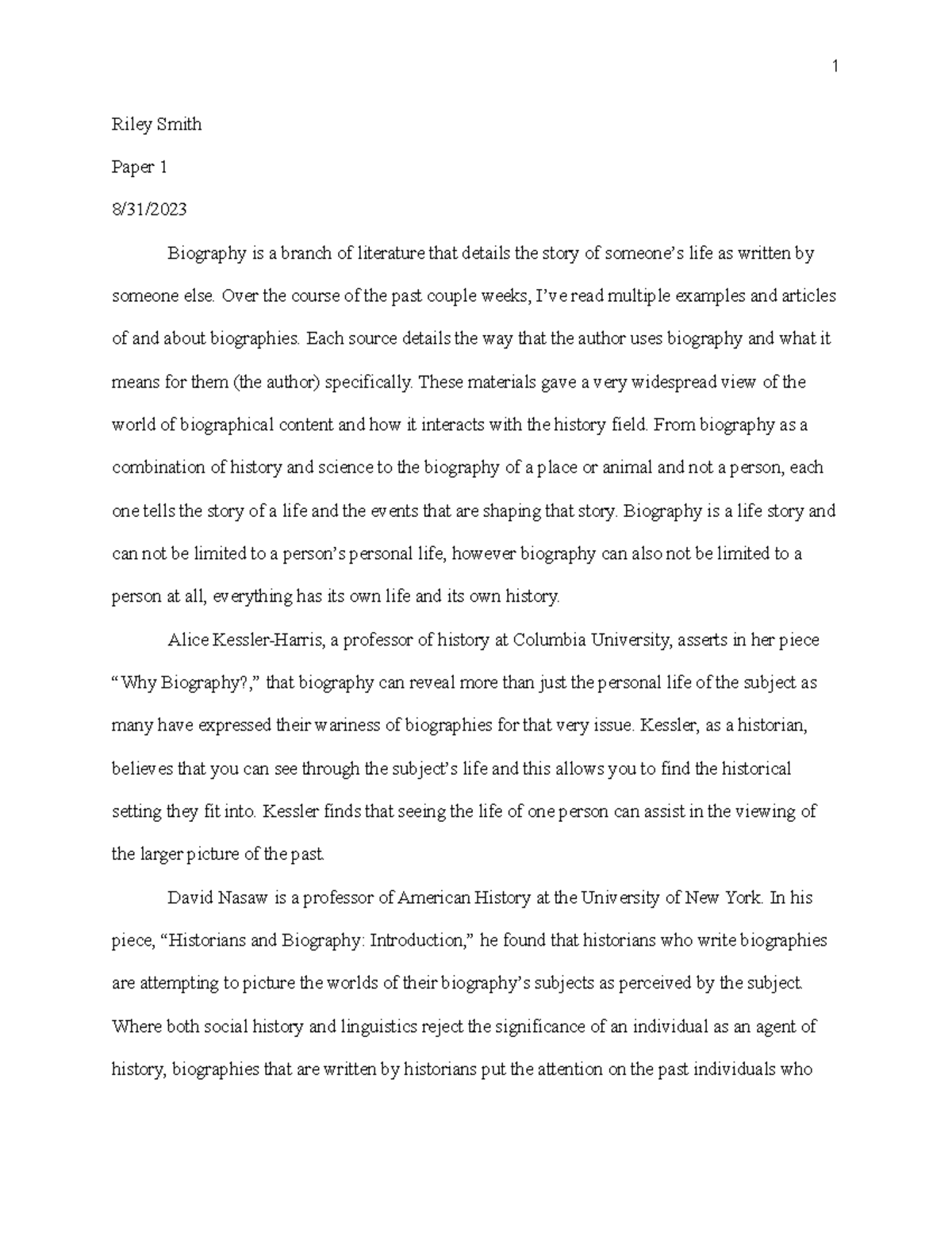 Smith Bio Types Riley Smith Paper 1 8/31/ Biography is a branch of