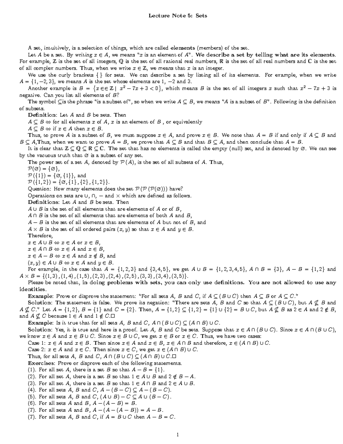 Practice and Solutions for Sets Lecture Note 5 Sets A set